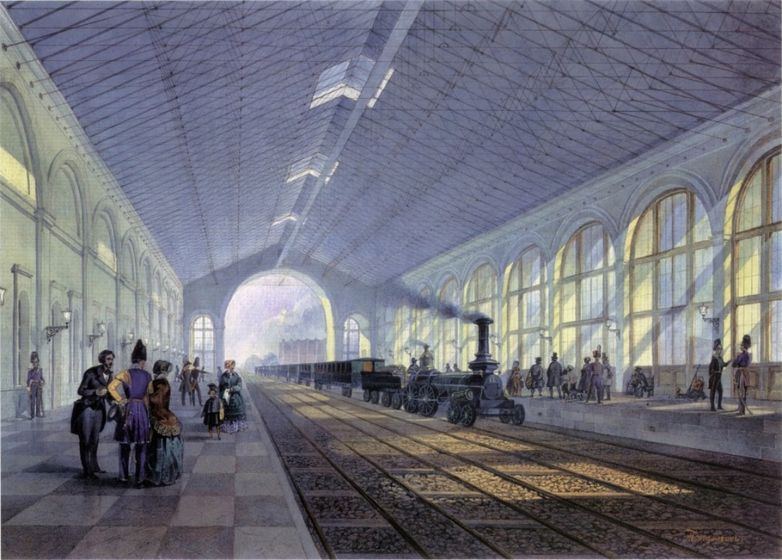 Nikolai-Bahnhof (heutiger Moskauer Bahnhof) St. Petersburg. Aquarell von August Pezold, 1851
